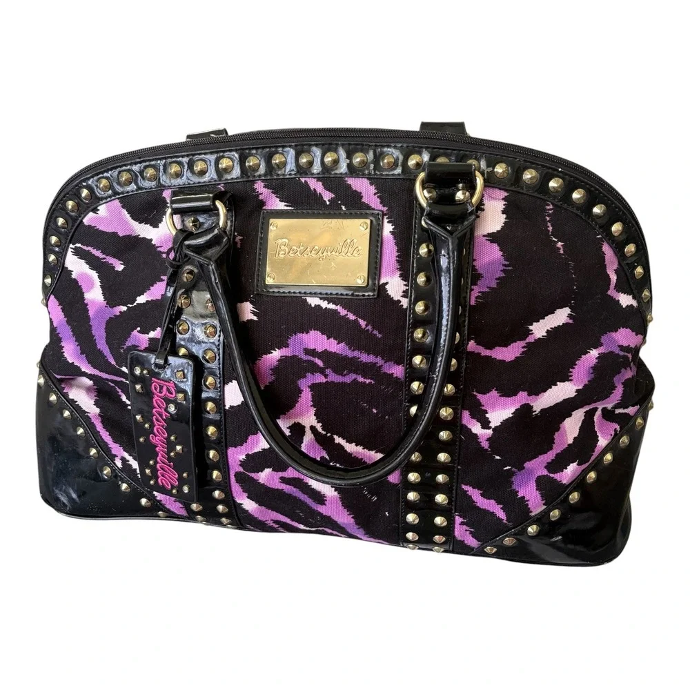 Betseyville Betsey Johnson Purple Zebra Studded Satchel Bag Large Indie McBling